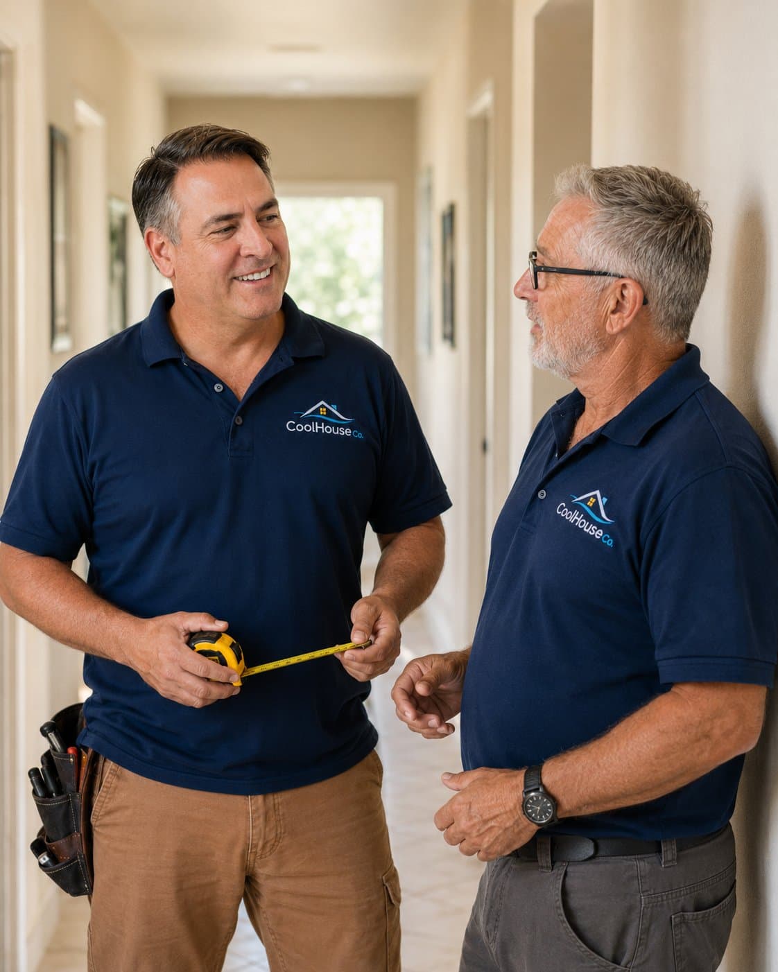 Two CoolHouse Co. installers in branded polo shirts discussing a measurement in a home hallway