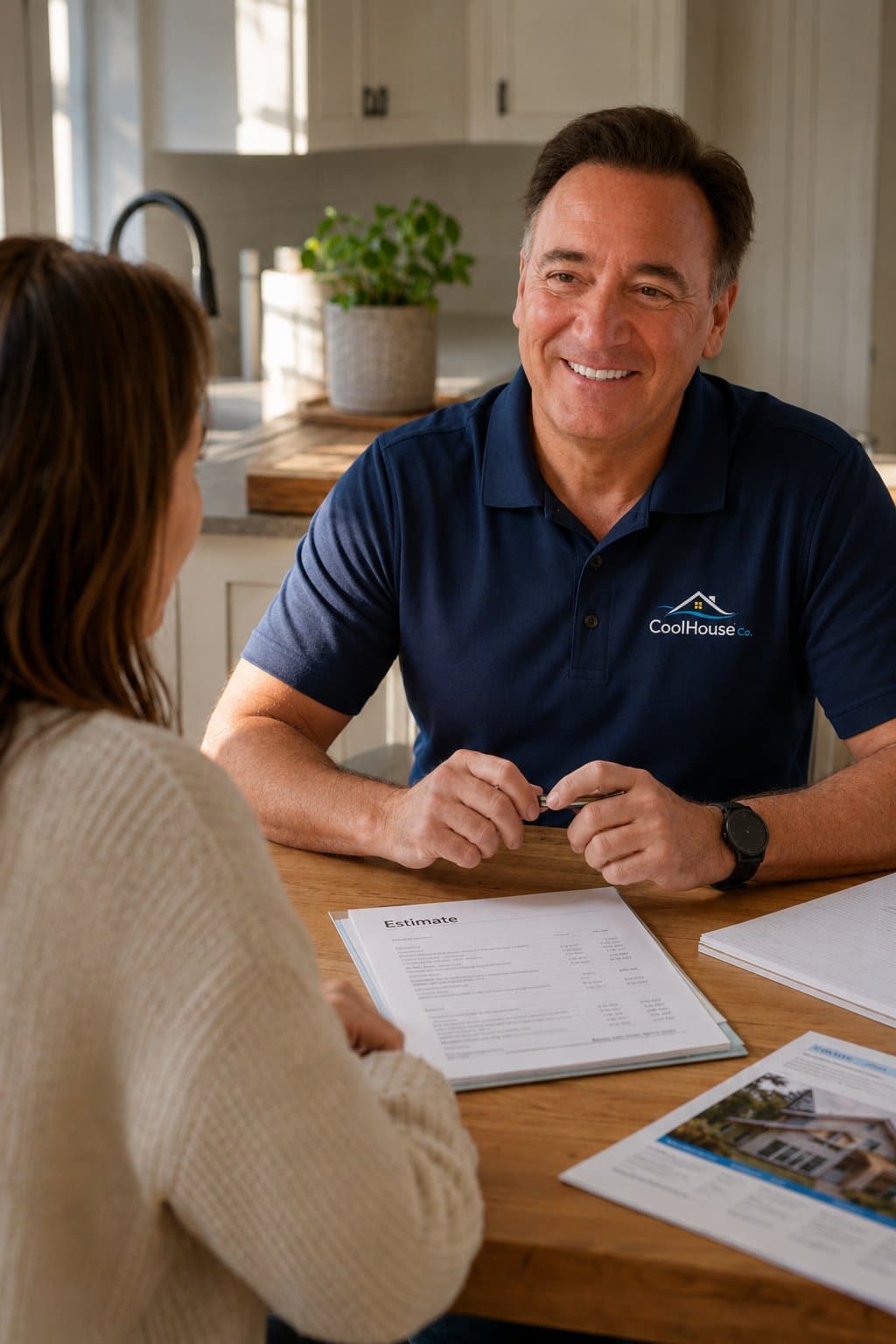 CoolHouse Co. representative reviewing a written estimate with a homeowner at their kitchen table