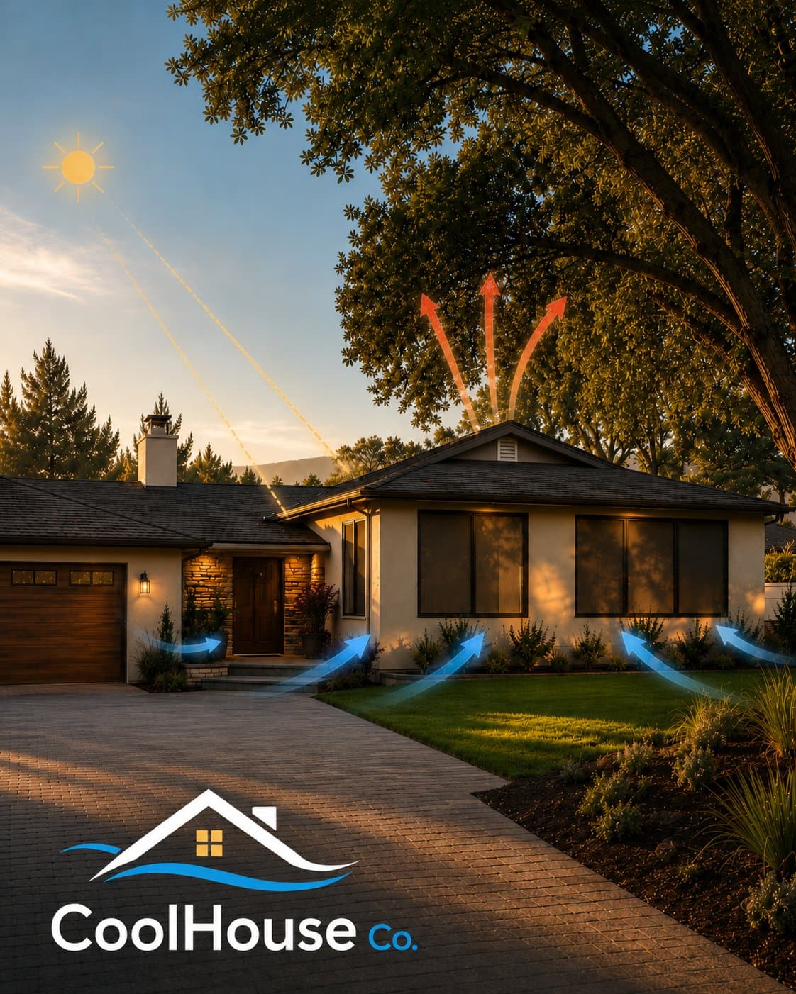 California home at golden hour with exterior solar screens installed on west-facing windows