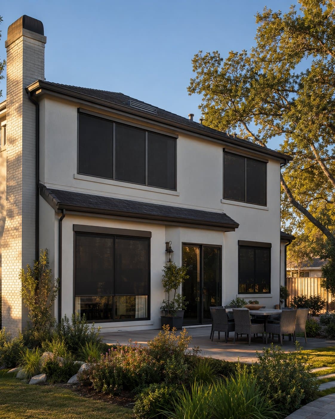 Two-story Almaden Valley home with exterior solar screens installed on rear-facing windows — a completed CoolHouse Co. combined-system installation